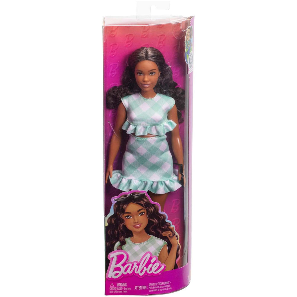 Mattel Barbie Brunette Minty Green Ruffled Gingham Dress Doll