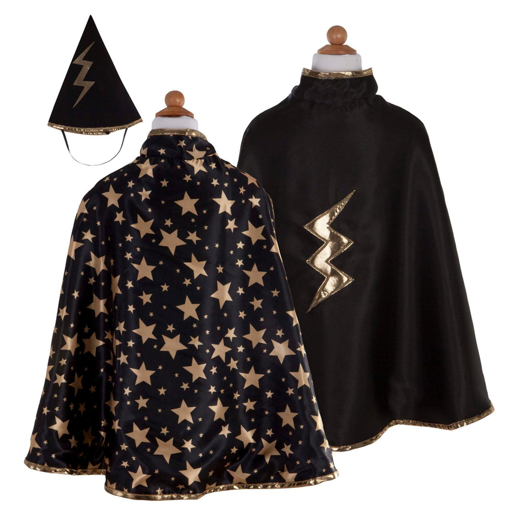 Great Pretenders Reversible Wizard Black And Gold Cape With Hat Size 4-6 - Radar Toys