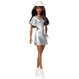 Mattel Barbie Brunette Sparkly Silver Fringe Dress Doll - Radar Toys