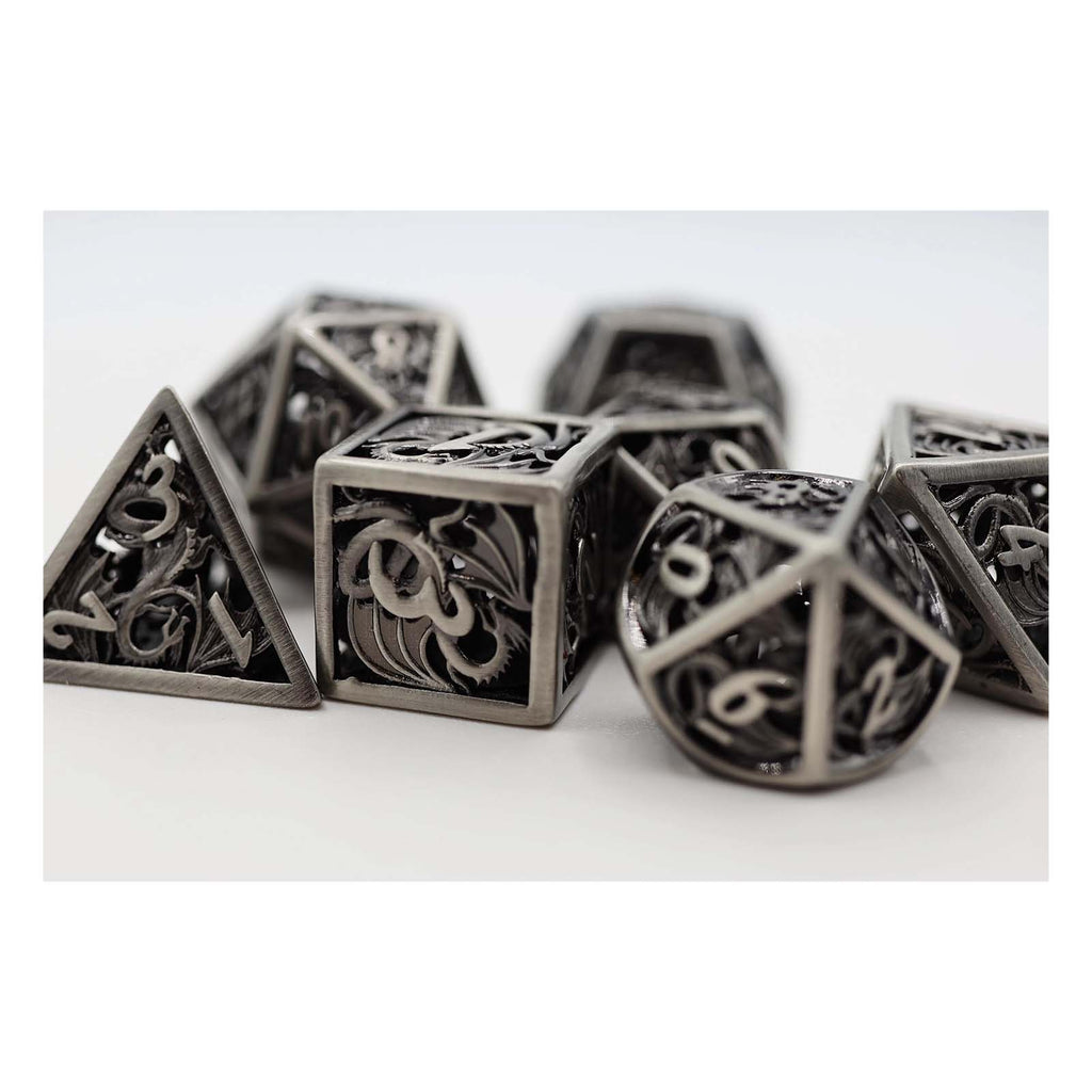 Foam Brain Dragon Essence Silver Hollow Metal RPG Dice Set - Radar Toys