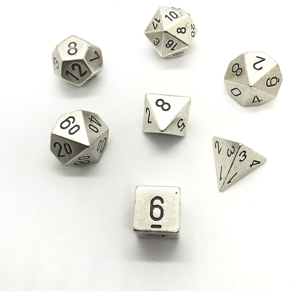 Chessex 7 Set Polyhedral Dice Solid Metal Silver CHX 27021