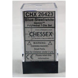 Chessex 7 Set Polyhedral Dice Blue Steel White CHX26423 - Radar Toys