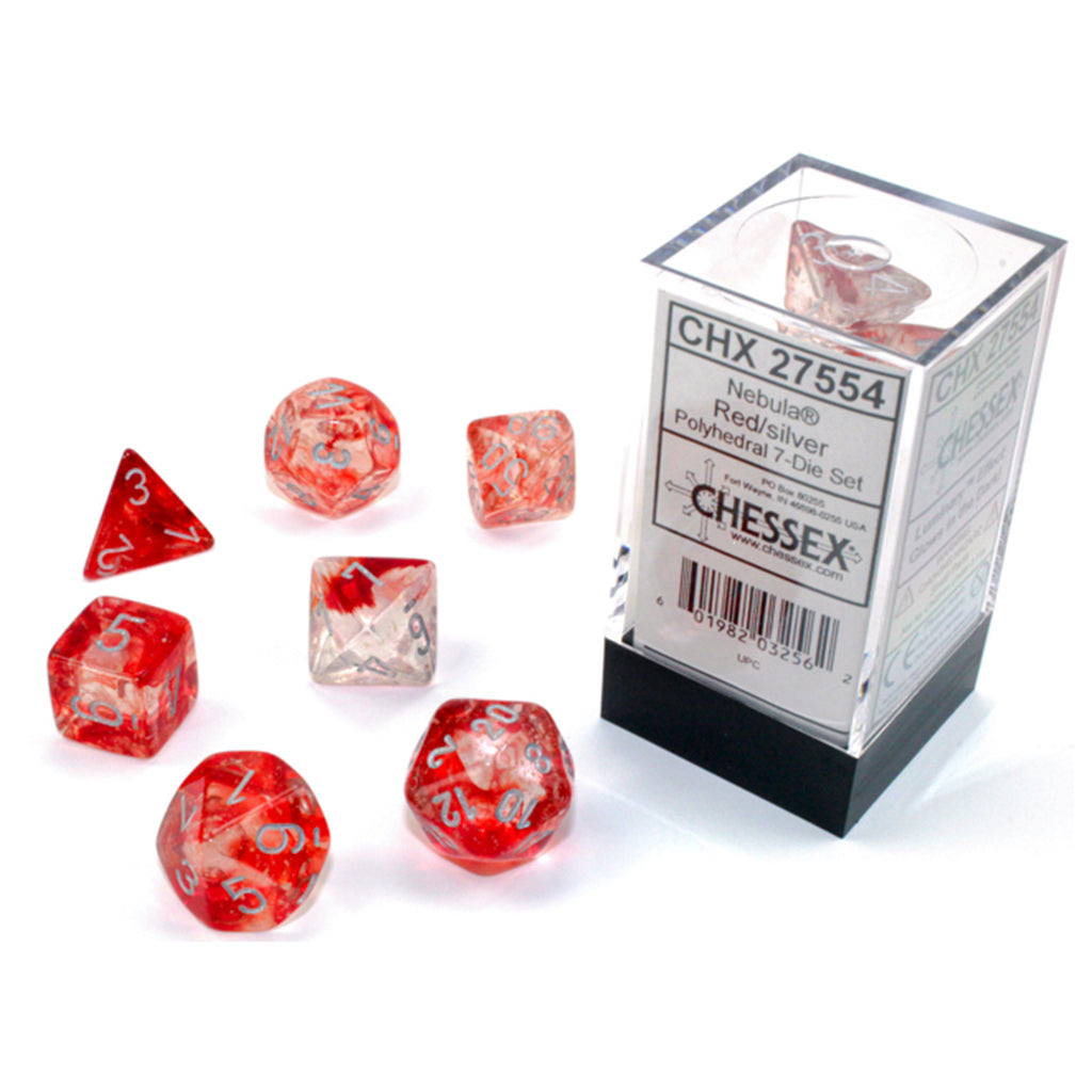 Chessex 7 Set Polyhedral Dice Nebula Red Silver Luminary CHX27554