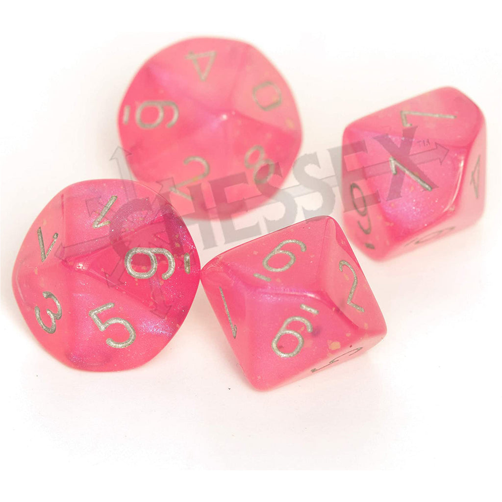Chessex 7 Set Polyhedral Dice Borealis Pink Silver Luminary D10s CHX27384