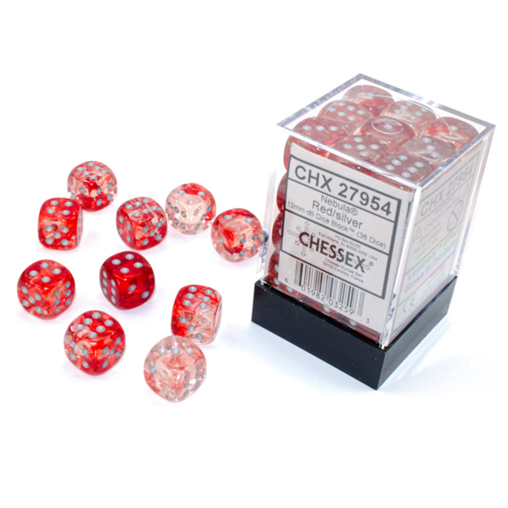 Chessex 12mm D6 Set Dice 36 Count Nebula Red Silver Luminary CHX 27954 - Radar Toys