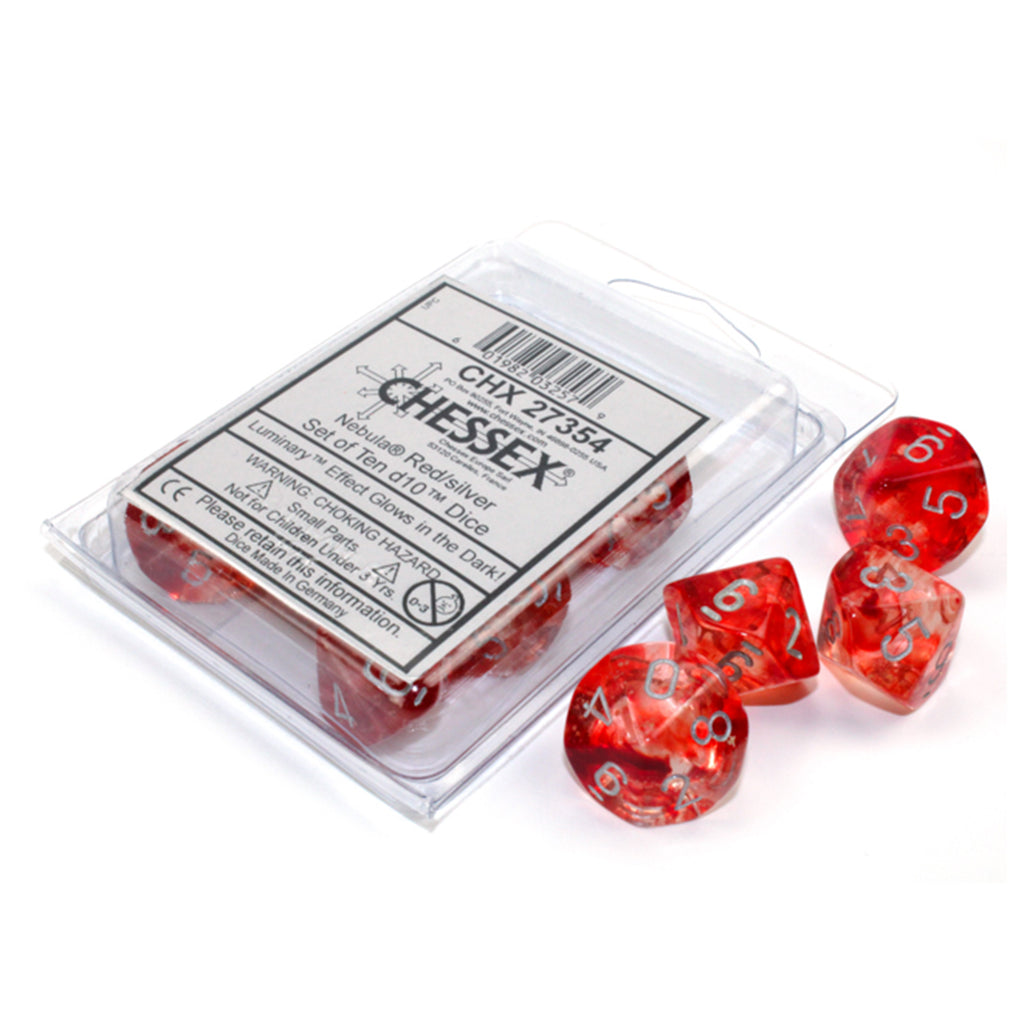 Chessex 10 D10 Polyhedral Dice Nebula Red Silver Luminary CHX27354