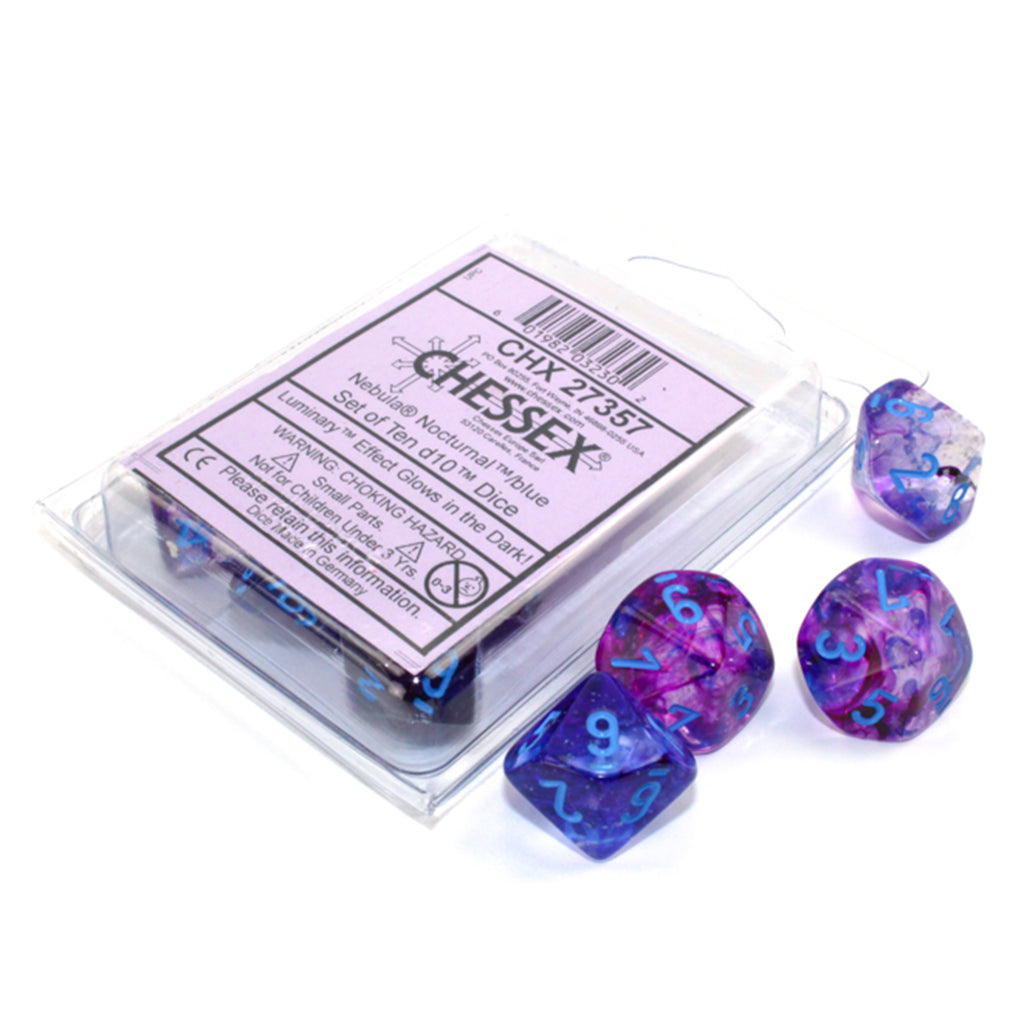 Chessex 10 D10 Polyhedral Dice Nebula Nocturnal Blue Luminary CHX27357