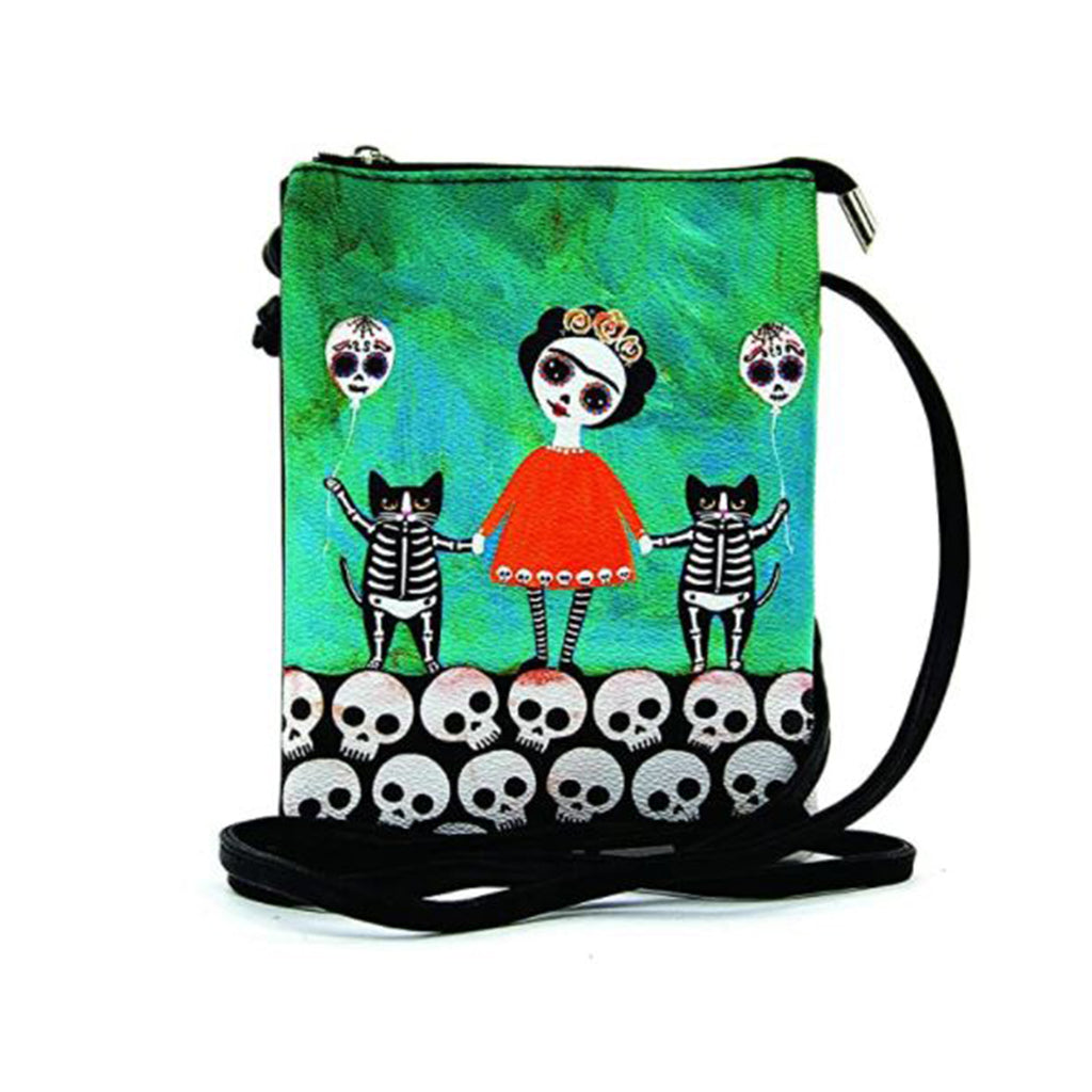 Orange Dress Skeleton Girl With Cats Small Crossbody Bag Purse - Radar Toys