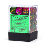 Chessex 12mm D6 Set Dice 36 Count Gemini Green-Purple/Gold CHX 26834 - Radar Toys