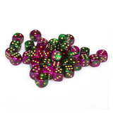 Chessex 12mm D6 Set Dice 36 Count Gemini Green-Purple/Gold CHX 26834 - Radar Toys