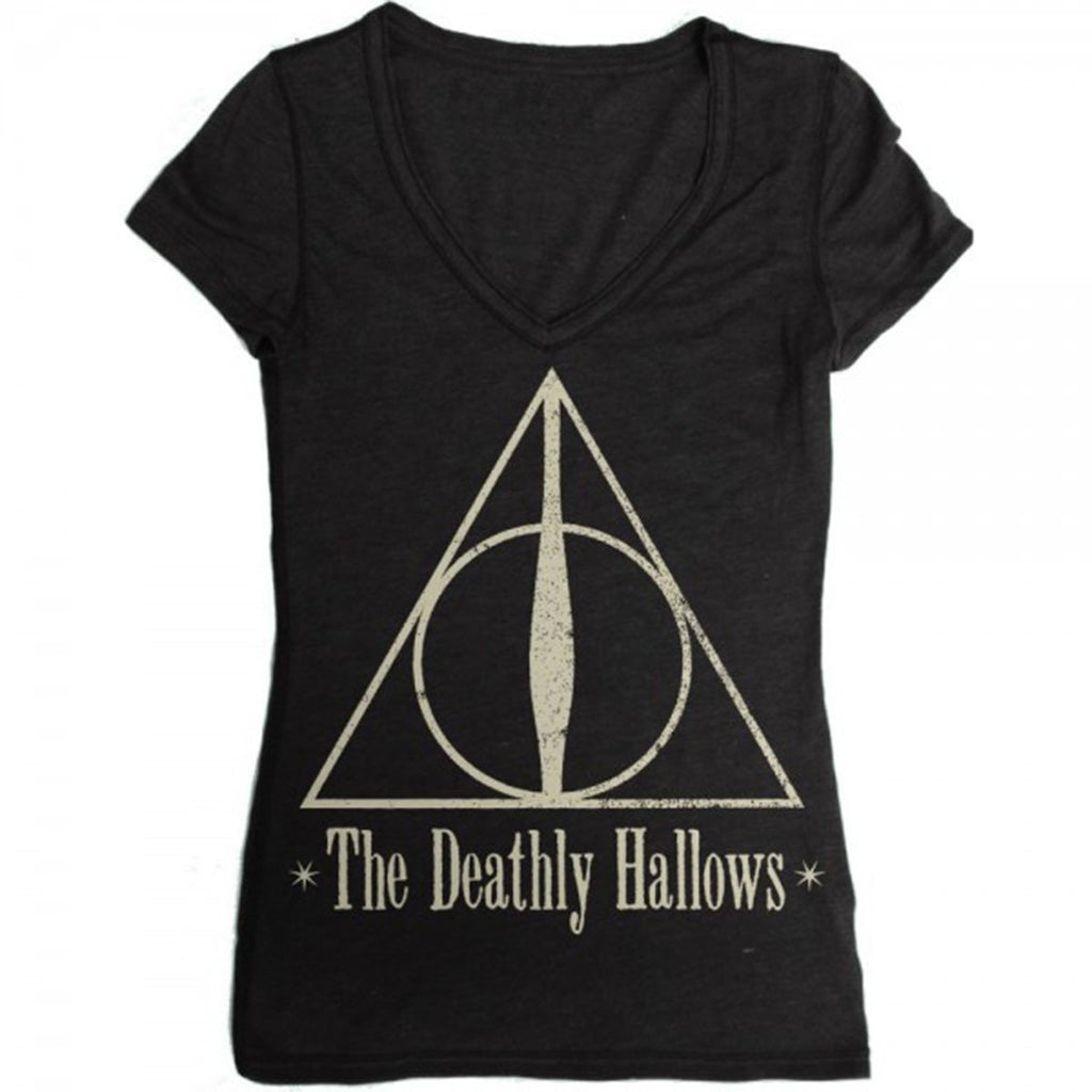 Harry Potter Deathly Hallows Juniors Black V-Neck Tee Shirt