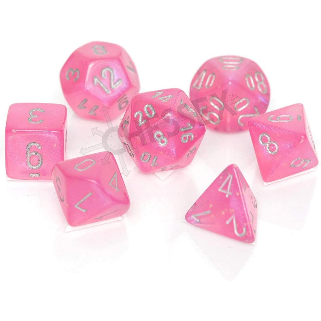 Chessex 7 Set Polyhedral Dice Borealis Pink Silver Luminary CHX27584