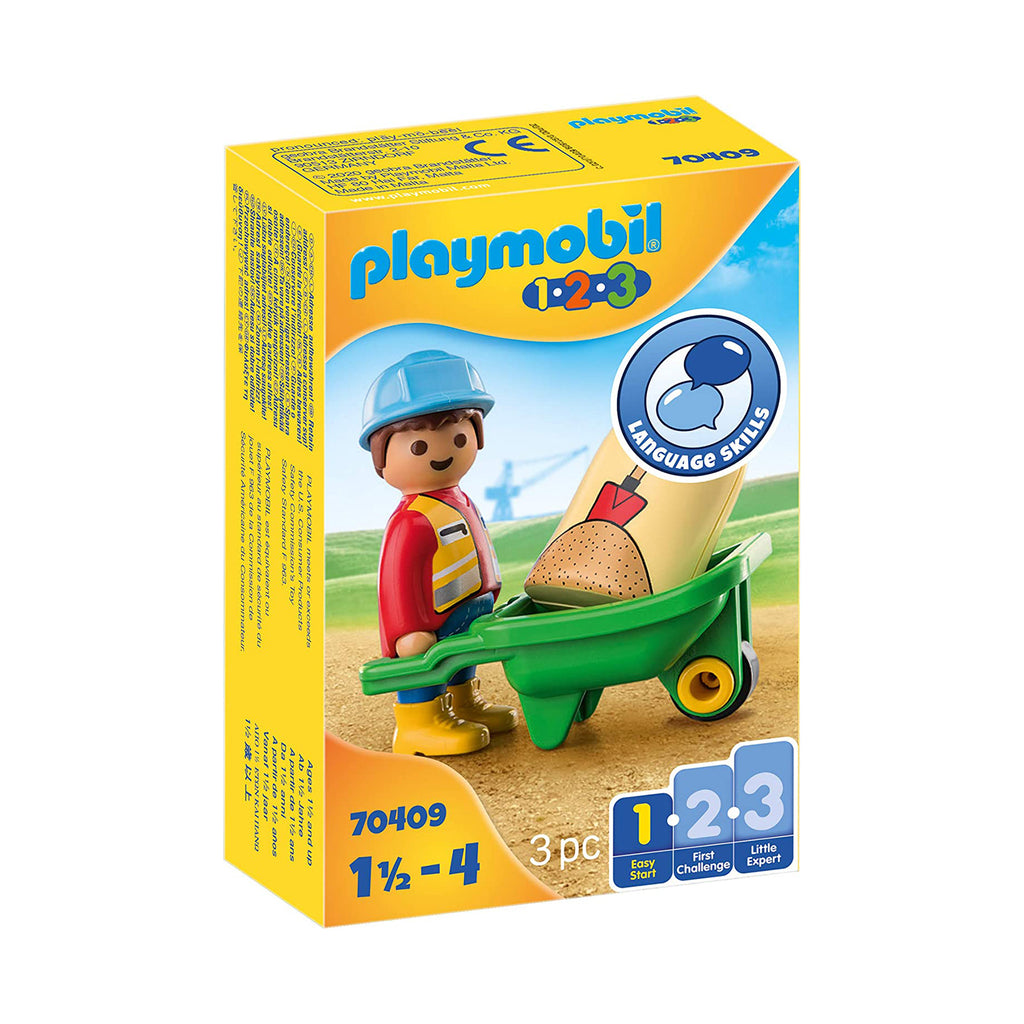 Playmobil 123 Construction Worker With Wheelbarrow Building Set 70409 - Radar Toys