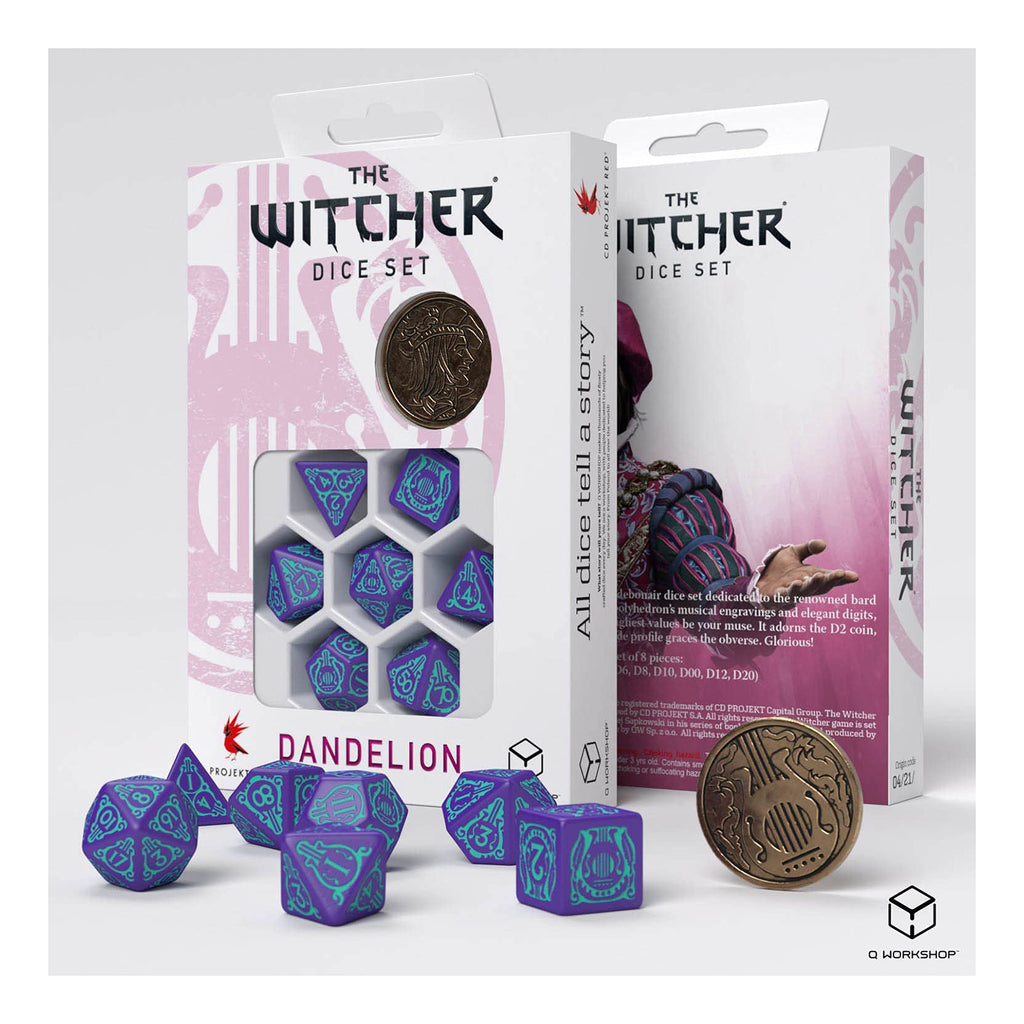 Q-Workshop The Witcher Dandelion Half A Century Of Poetry 7 Piece Dice Set With Coin - Radar Toys