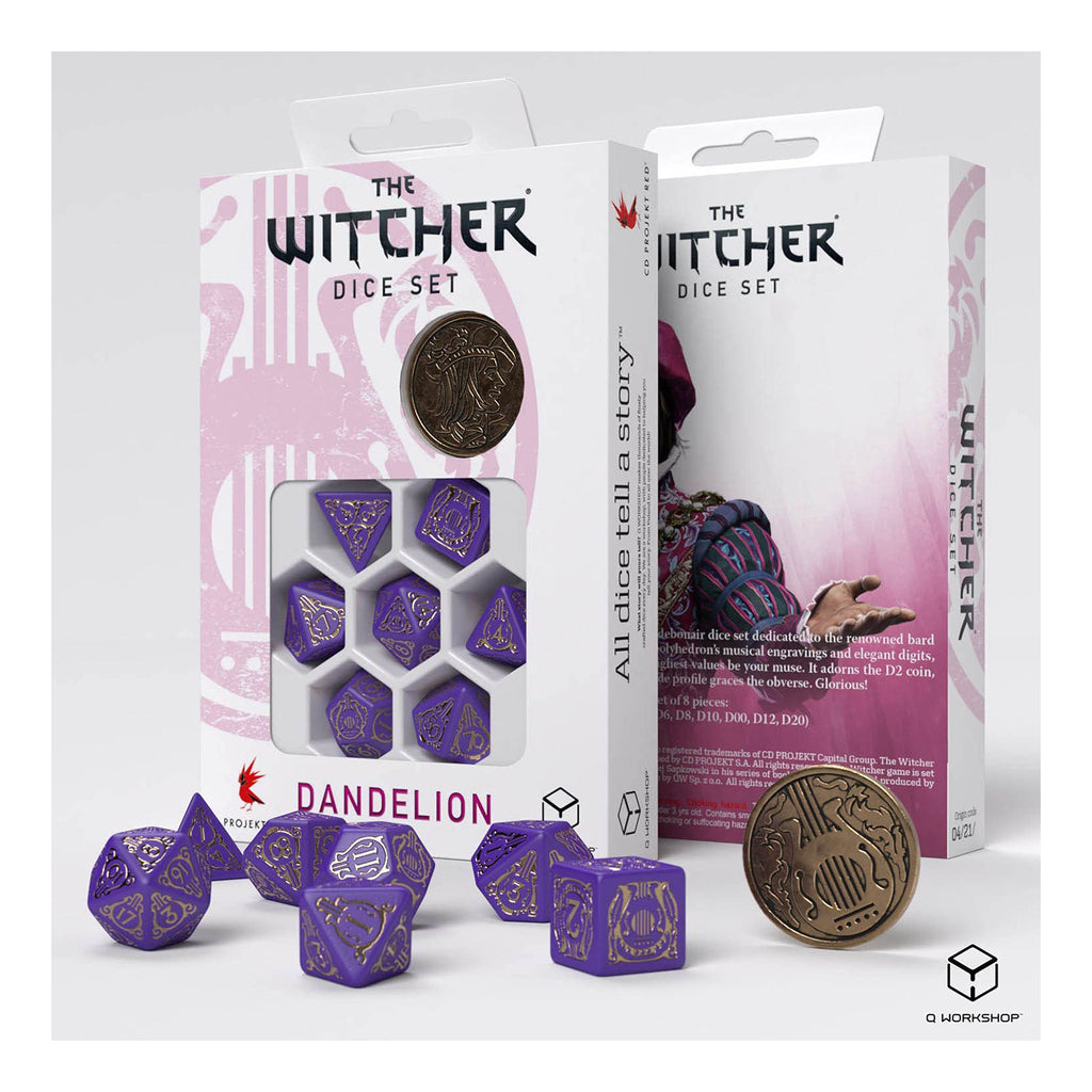 Q-Workshop The Witcher Dandelion Viscount De Lettenhove 7 Piece Dice Set With Coin - Radar Toys