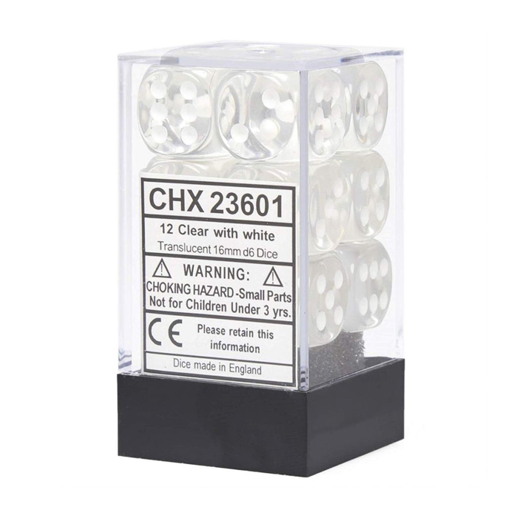 Chessex 12 Count 16mm D6 Translucent Clear White Dice CHX23601
