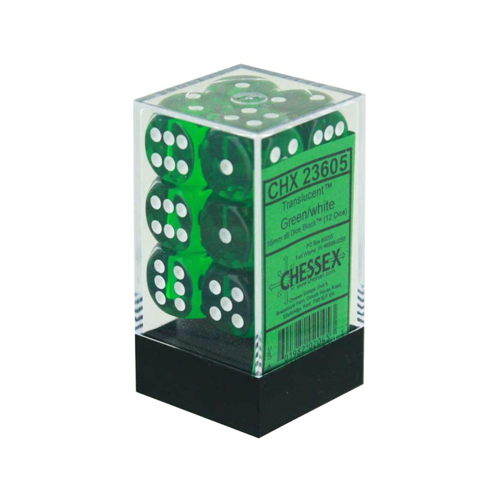 Chessex 12 Count 16mm D6 Translucent Green White Dice CHX23605