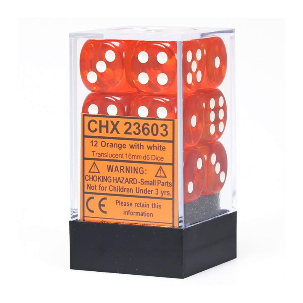 Chessex 12 Count 16mm D6 Translucent Orange White Dice CHX23603