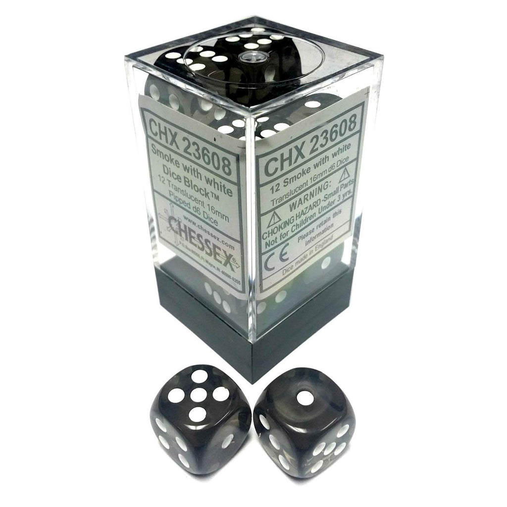 Chessex 12 Count 16mm D6 Translucent Smoke White Dice CHX23608