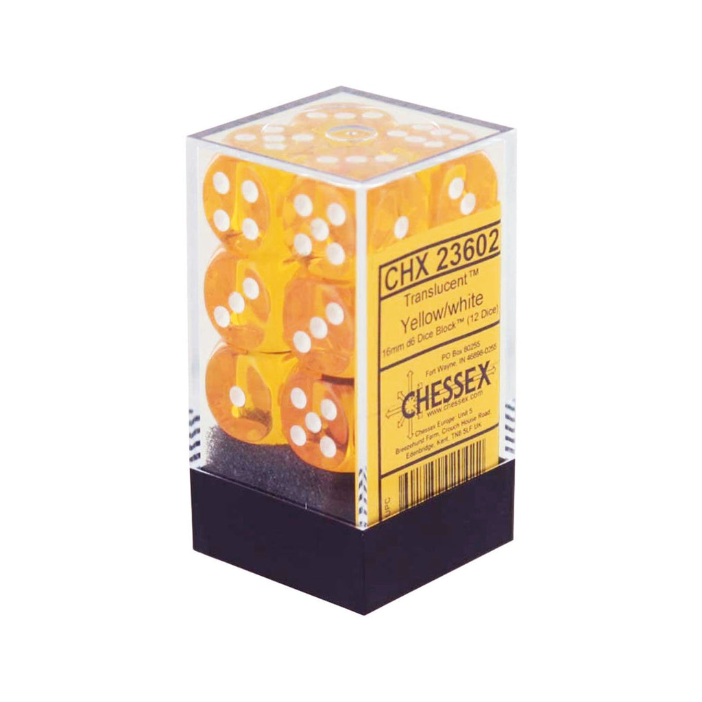 Chessex 12 Count 16mm D6 Translucent Yellow White Dice CHX23602