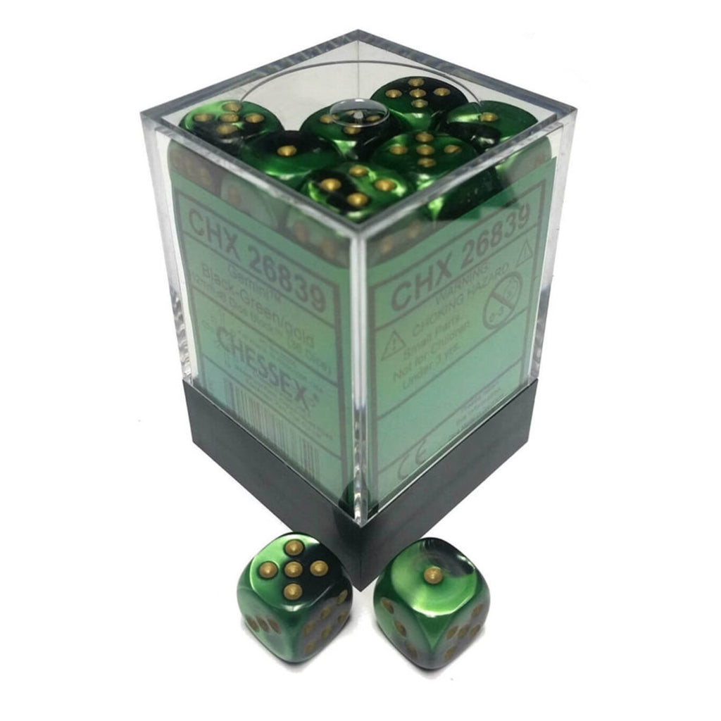 Chessex 12mm D6 Gemini Black Green Gold Set Dice 36 Count 26839