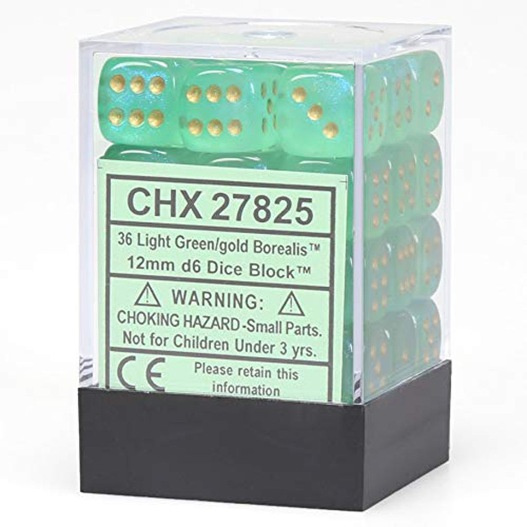 Chessex 12mm D6 Set Dice 36 Count Borealis Light Green Gold CHX 27825