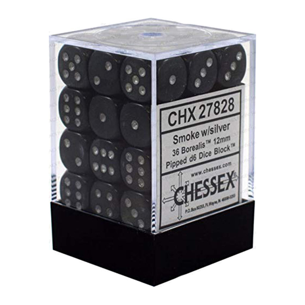 Chessex 12mm D6 Set Dice 36 Count Borealis Smoke Silver CHX 27828