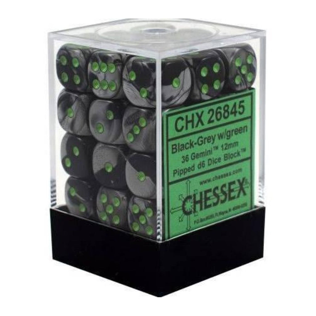 Chessex 12mm D6 Set Dice 36 Count Gemini Black Grey Green 26845 - Radar Toys