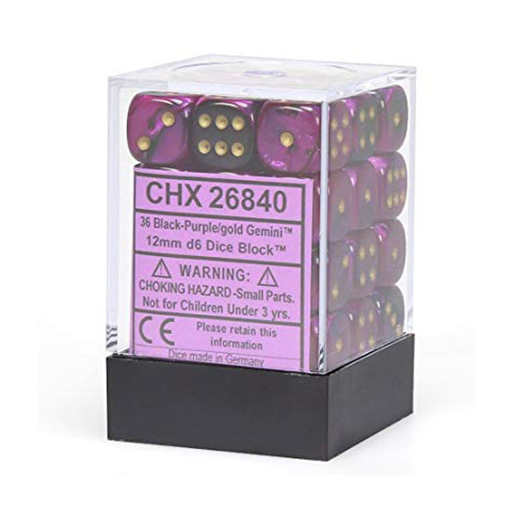 Chessex 12mm D6 Set Dice 36 Count Gemini Black-Purple-Gold CHX 26840