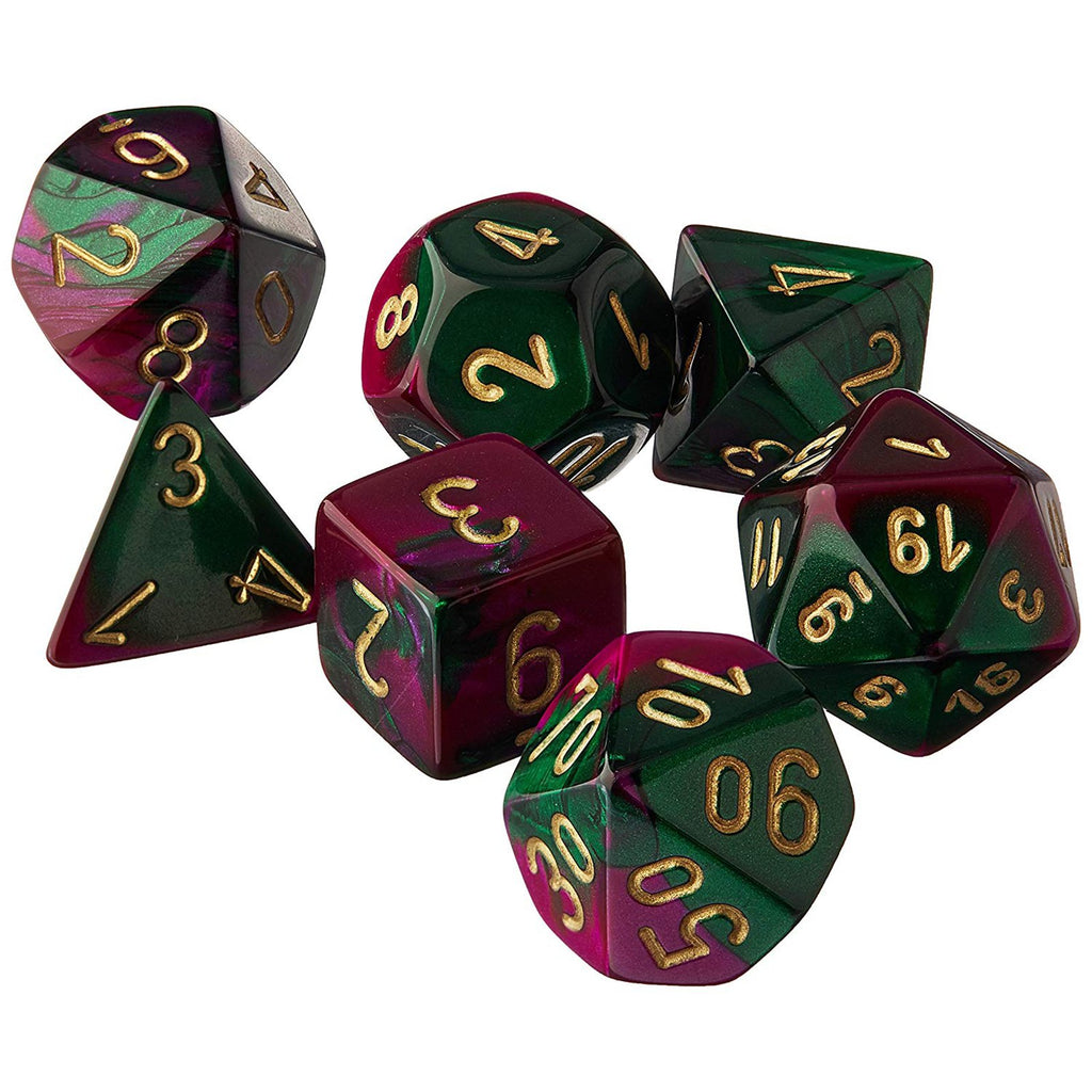 Chessex Gemini Polyhedral Green Purple Gold 7 Set Dice CHX 26434