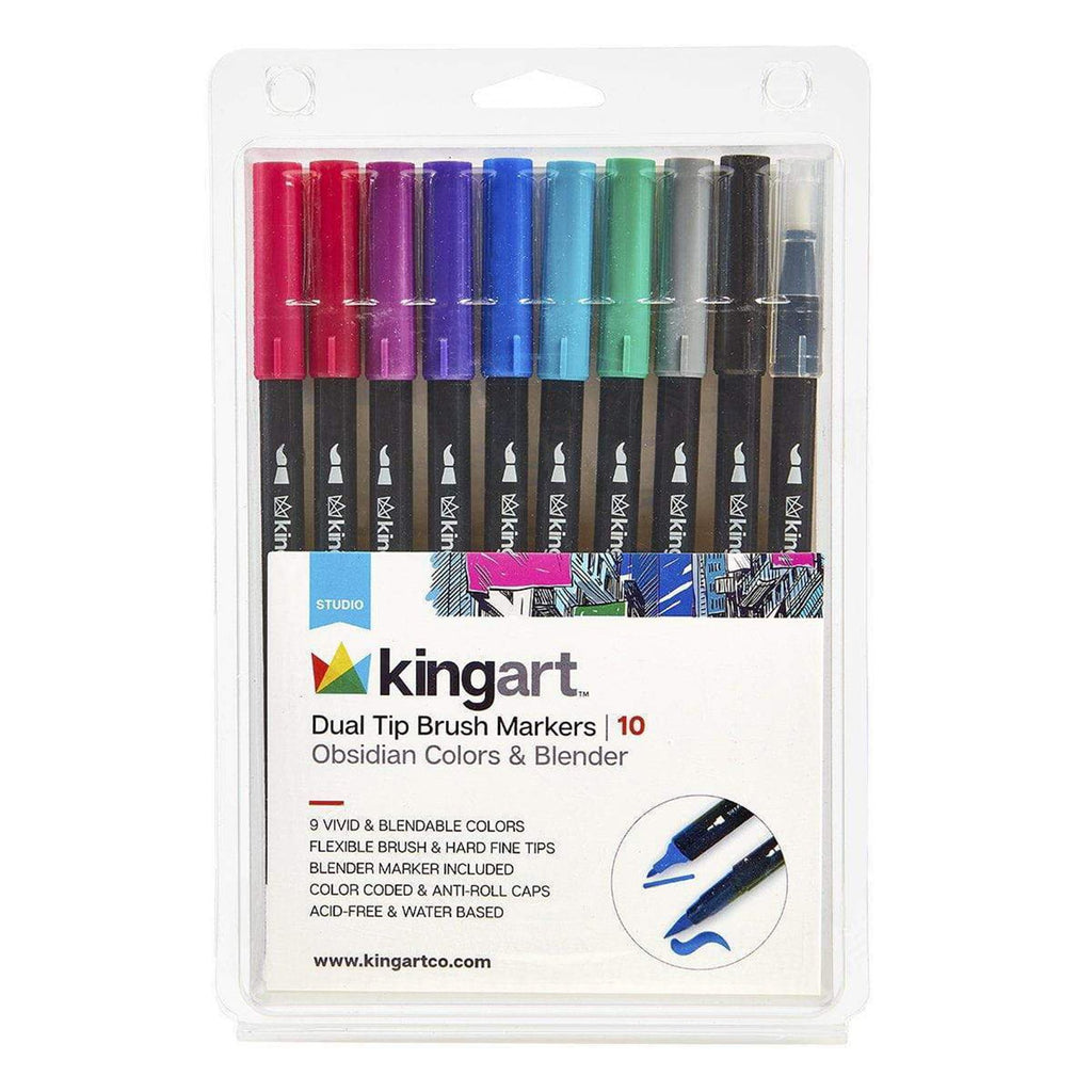 Kingart Studio Obsidian Colors 10 Count Tip Brush Markers Set 447