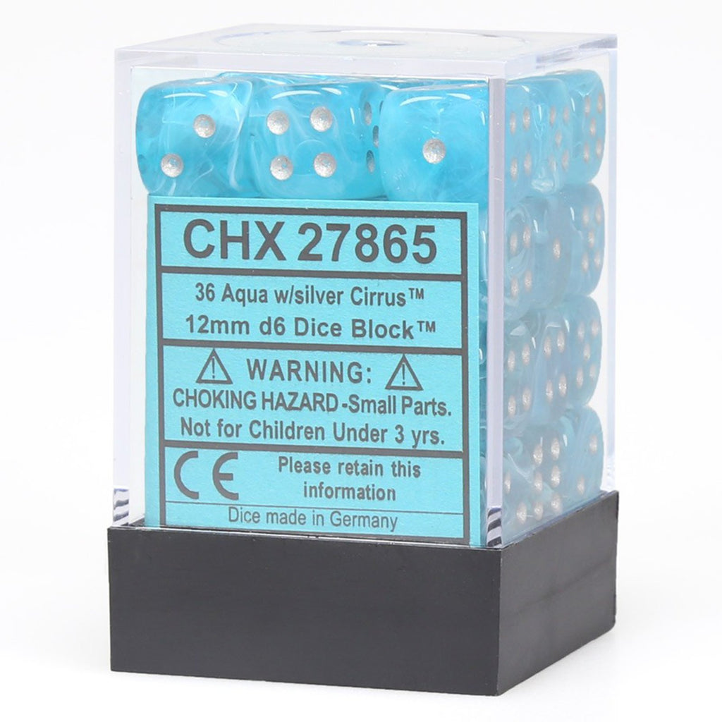 Chessex 12mm D6 Set Dice 36 Count Cirrus Aqua Silver CHX 27865