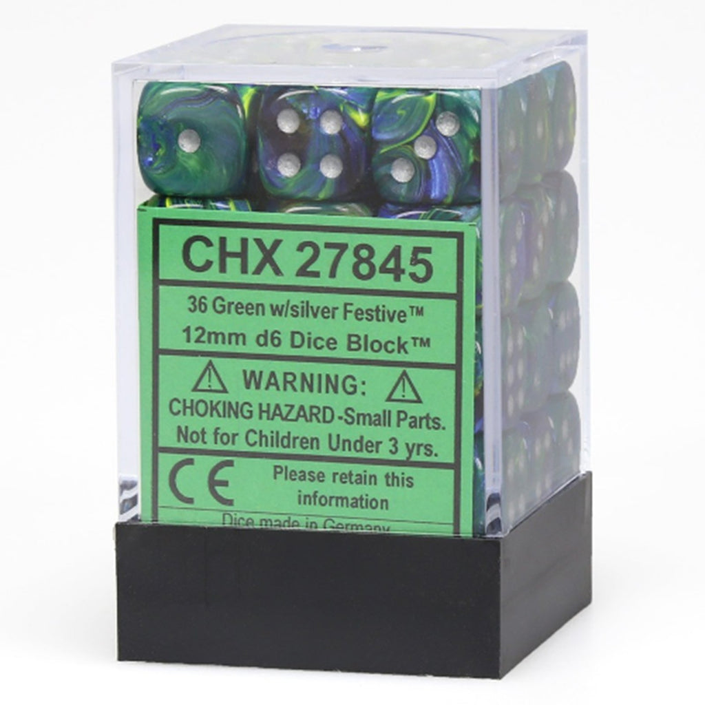 Chessex Festive Green Silver 12mm D6 36 Set Of Dice CHX 27845