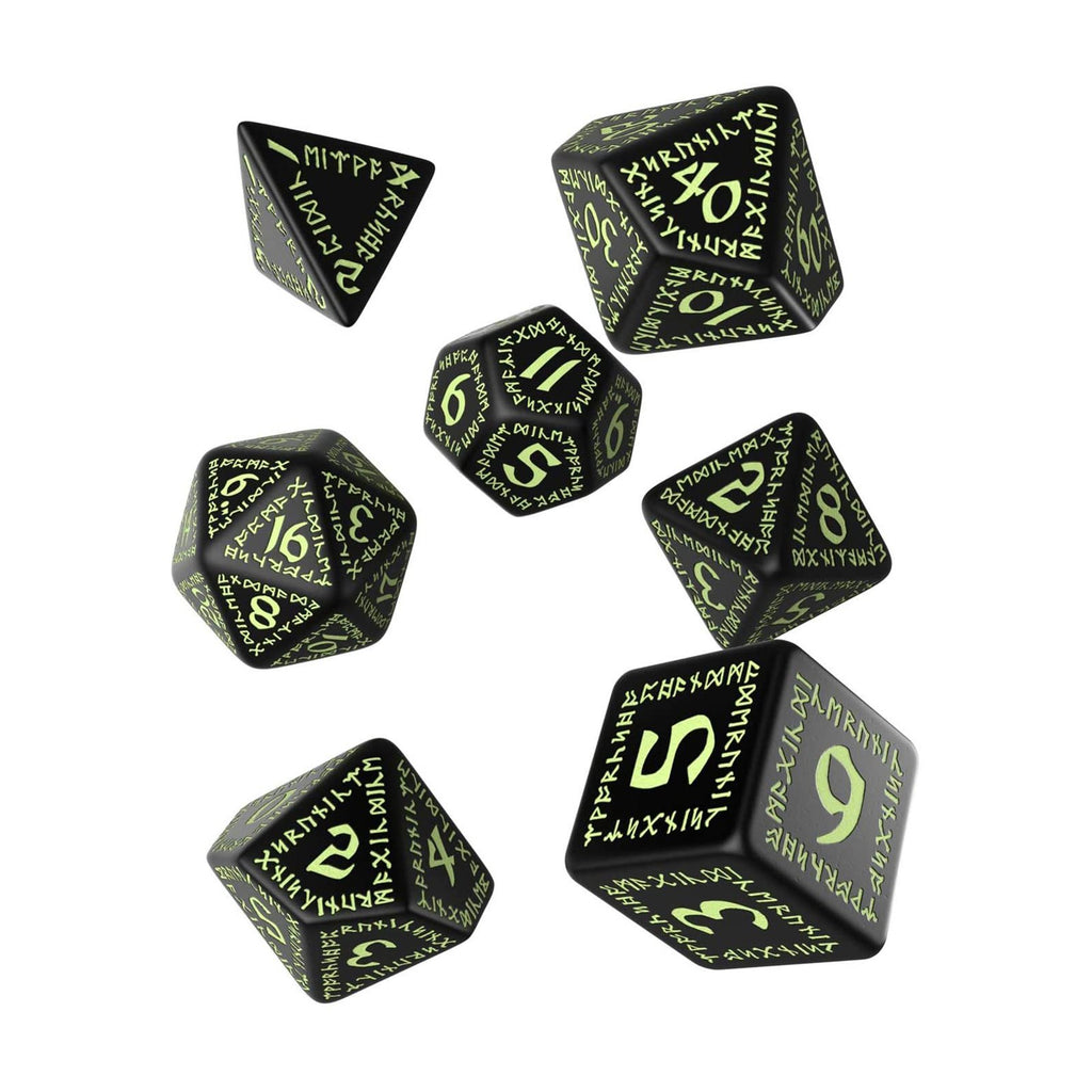 Q-Workshop Runic Black & Glow In The Dark Roleplaying 7 Piece Dice Set - Radar Toys
