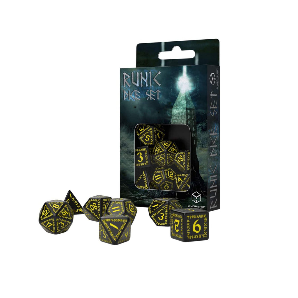 Q-Workshop Runic Black & Yellow Roleplaying 7 Piece Dice Set - Radar Toys