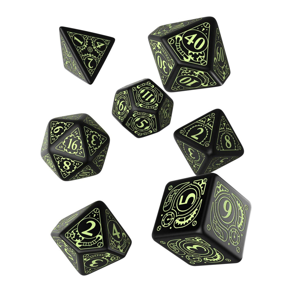 Q-Workshop Steampunk Black Glow In The Dark 7 Piece Dice Set - Radar Toys