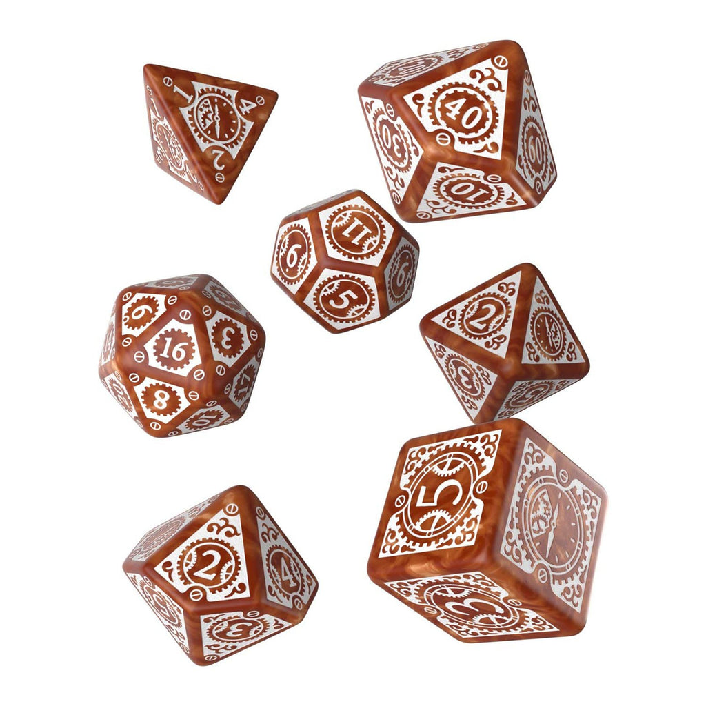Q-Workshop Steampunk Clockwork Caramel White 7 Piece Dice Set - Radar Toys