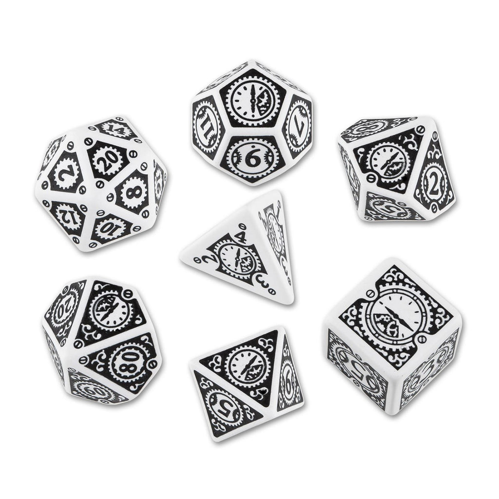 Q-Workshop Steampunk Clockwork White Black 7 Piece Dice Set - Radar Toys