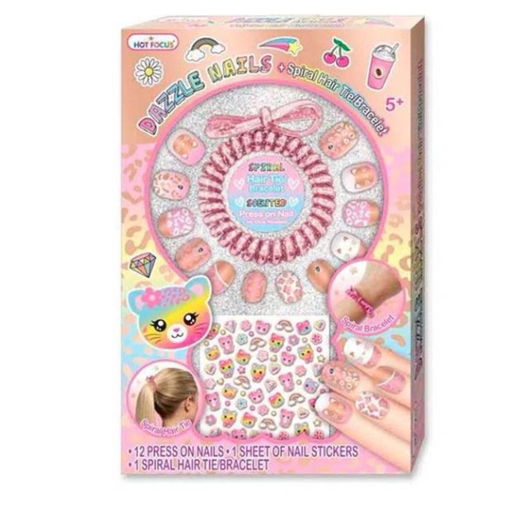 Hot Focus Leopard Dazzle Nails And Spiral Hair Tie Bracelet Set - Radar Toys