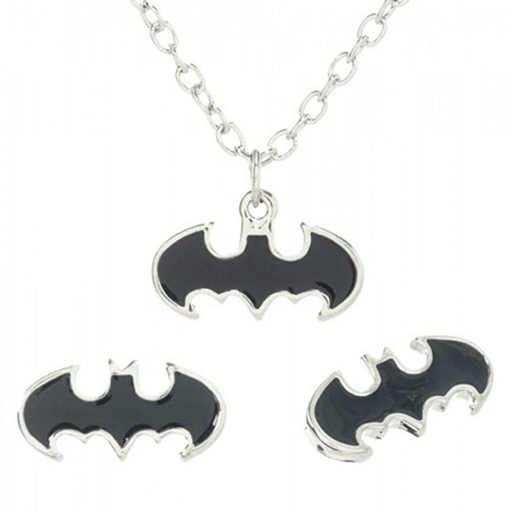 Batman Black Enamel Fill Necklace Earrings Jewelry Set