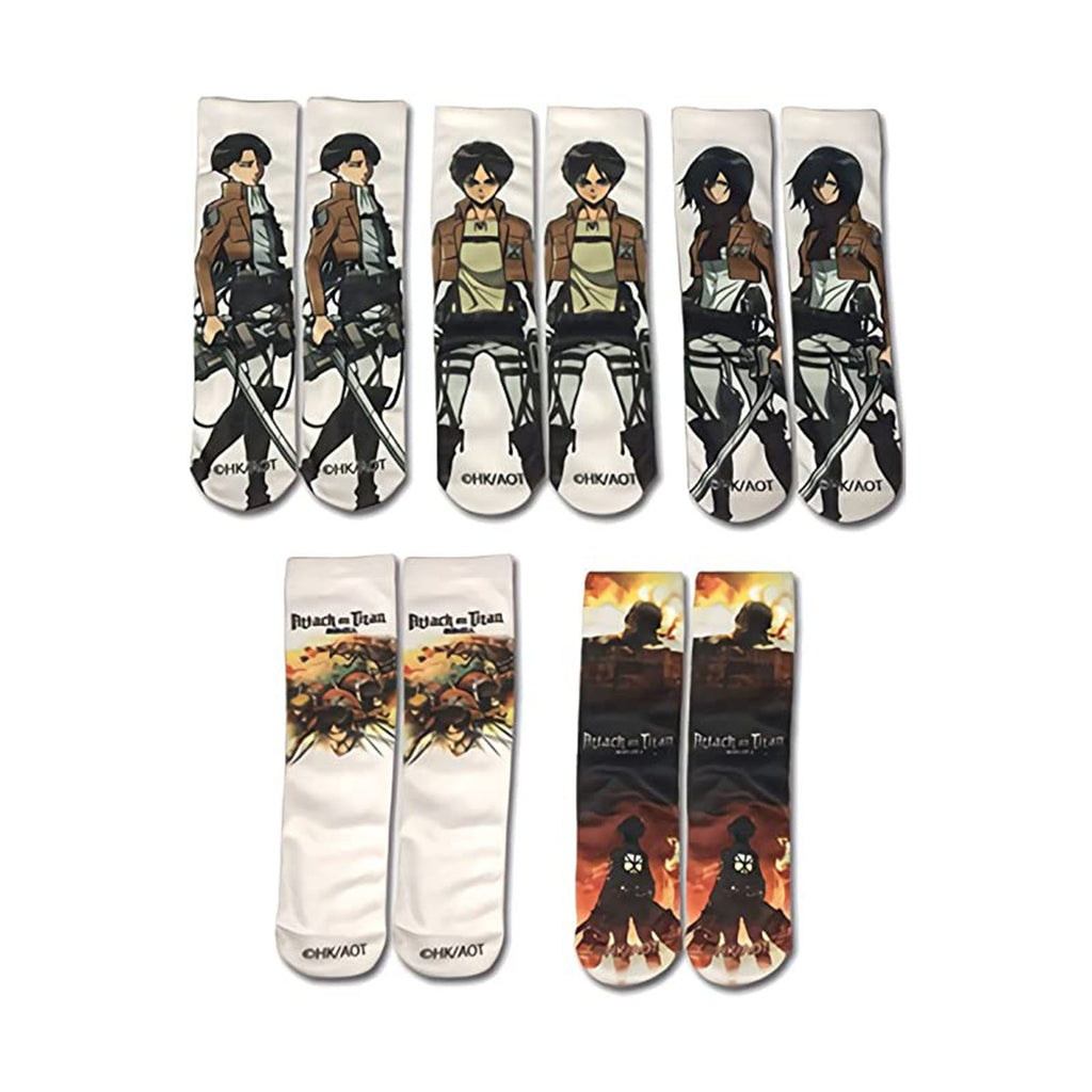 Attack On Titan Characters 5 Pairs Sublimated Crew Socks - Radar Toys